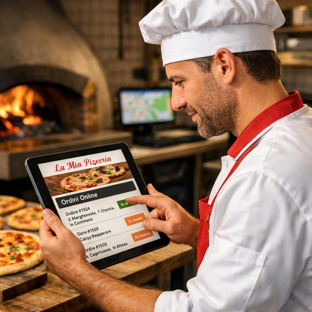 Gestione ordini online pizzeria pizzaiolo che riceve ordini online dal sito web della sua pizzeria
